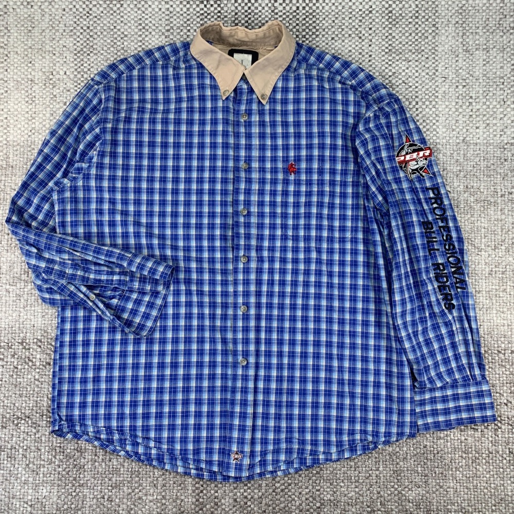 PBR Button Down Shirt Mens Large Blue Plaid Long Sleeve Rodeo Bull Riders Logo